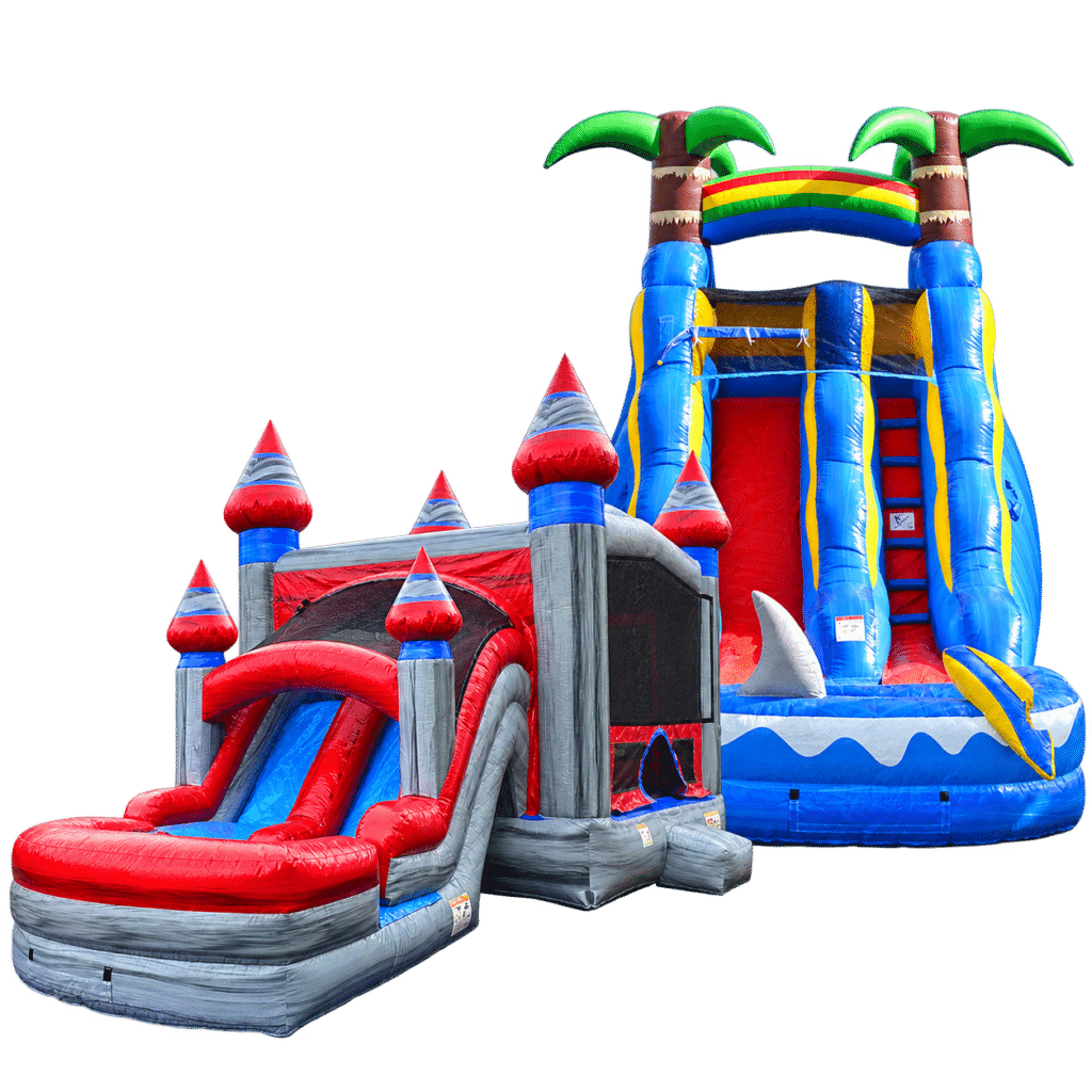 Titanium castle bounce and slide combo beside the Shark Splash tropical water slide from Foothills Bounce & Play